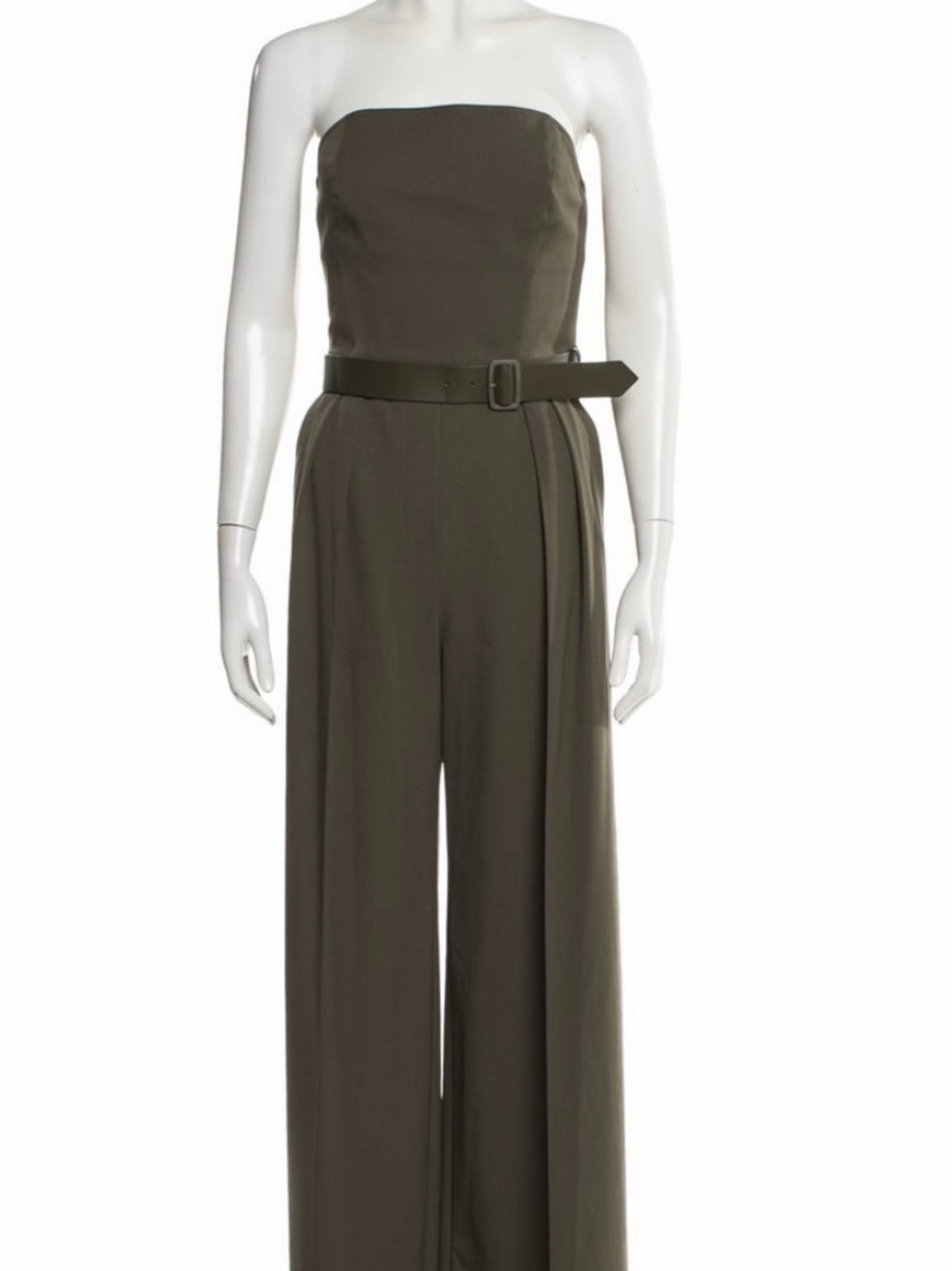 Max Mara Strapless Wide-Leg Jumpsuit with Waist Belt in Olive